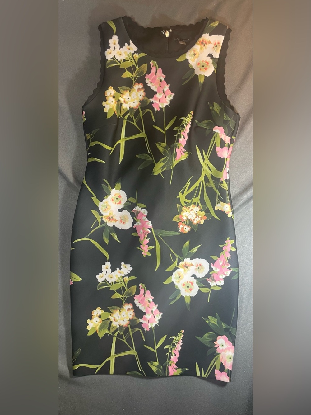 Tommy Hilfiger Floral Scalloped Sheath Dress Black Pink Bodycon